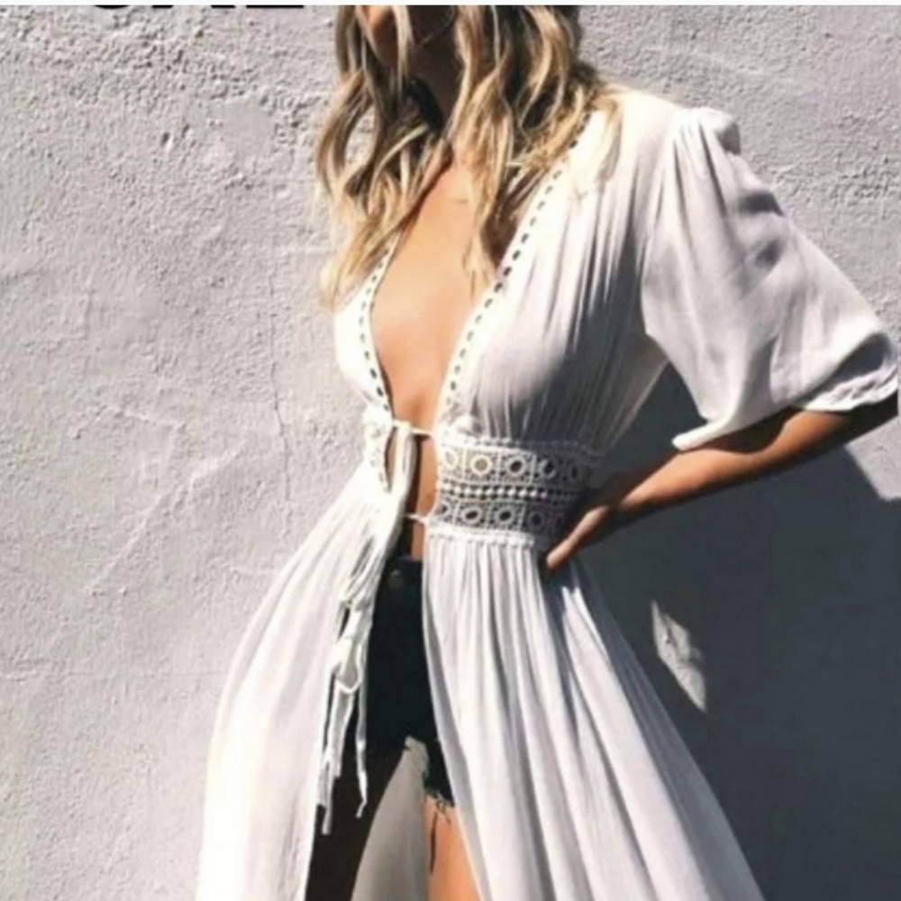 Boho Crochet Cut Out Cover Up Dress Sz 6 Embroidered Lace Long Maxi Tie White